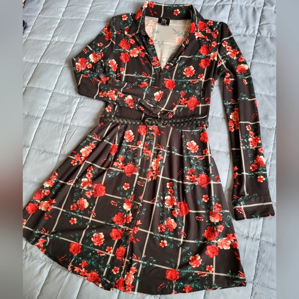 Floral shirt dress with belt
